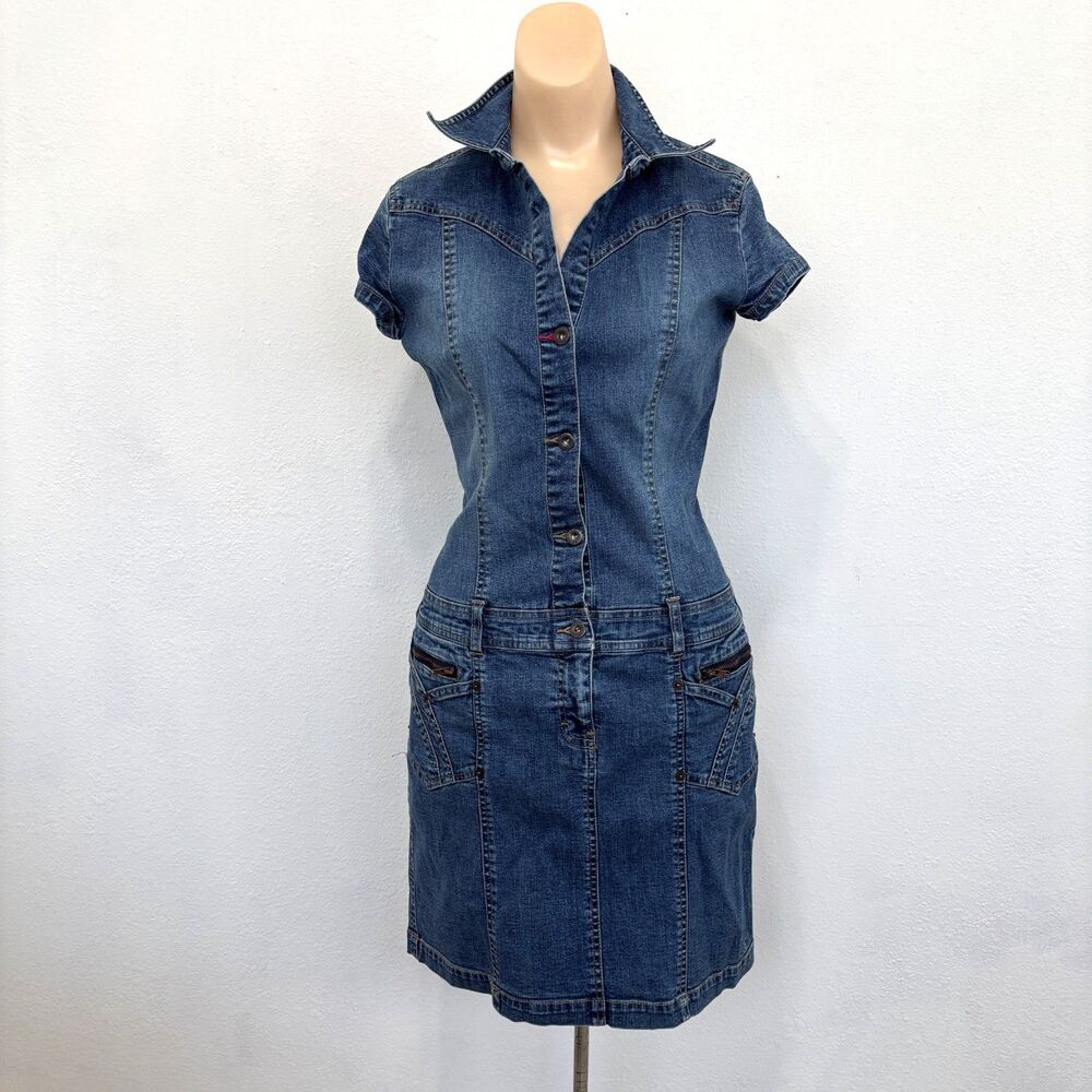 Tommy Hilfiger Y2K Denim Overall Dress Small Western Ranch Earthy Granola